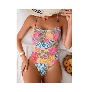 New! Random Printed One Piece Swimsuit With Cutout Front. Size S